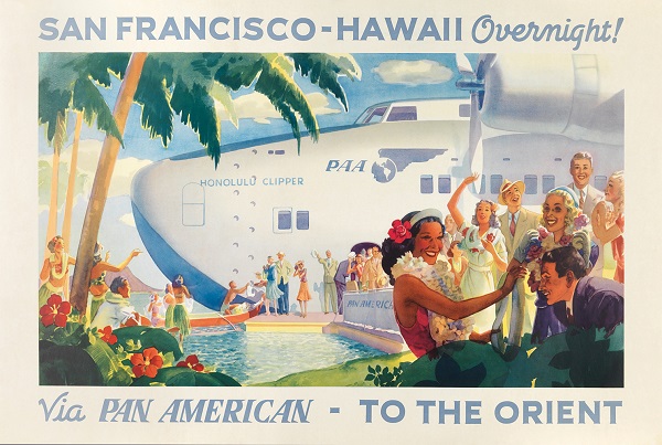 After a series of test flights, Pan Am began offering passenger service between San Francisco and Hawai`i in 1936. A round-trip flight to Honolulu cost $648 at the time. Frank H. McIntosh (1939). Copyright Callisto Publishers